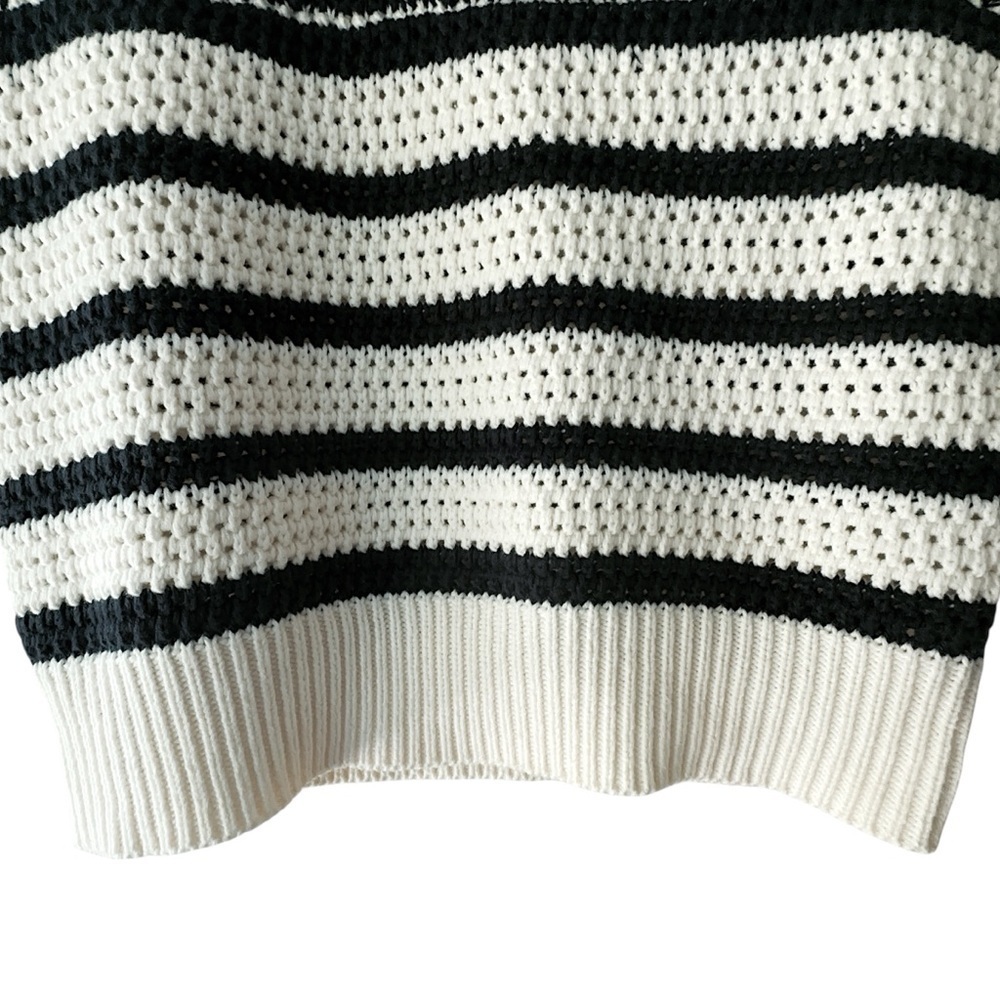 NWT | CROCHET STRIPED SPLIT V-NECK COLLARED TOP NAVY BLUE & OFF WHITE | XS - Picture 5 of 12